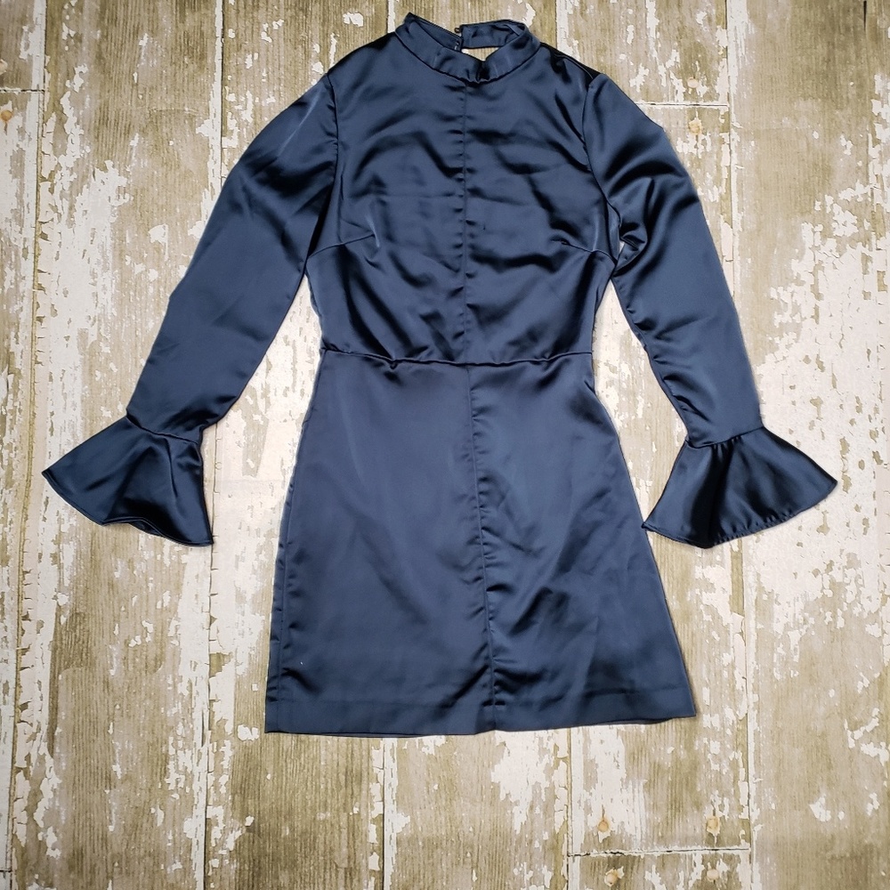 Satin blue dress with bell sleeves